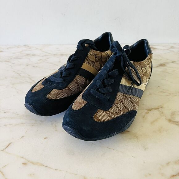 COACH Kelson Khaki Beige Midnight Navy Signature Jacquard Suede Sneakers - US 8 - Picture 1 of 8